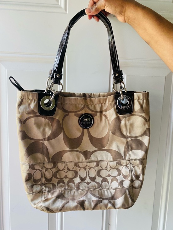 Coach Handbags - Coach Tote Bag in Khaki and Chestnut Signature Canvas